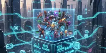Futuristic cityscape with blockchain networks for Web3 gaming development