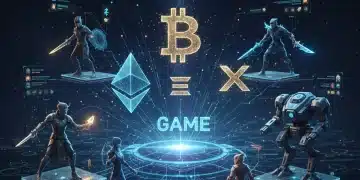 Futuristic Web3 gaming landscape with blockchain symbols and game characters, representing the Q4 2026 outlook.