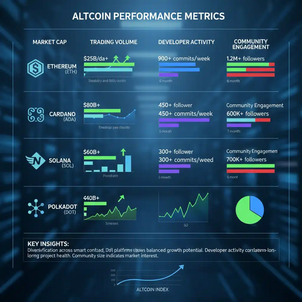 Infographic displaying key performance indicators and growth metrics for several altcoins, highlighting their market potential.