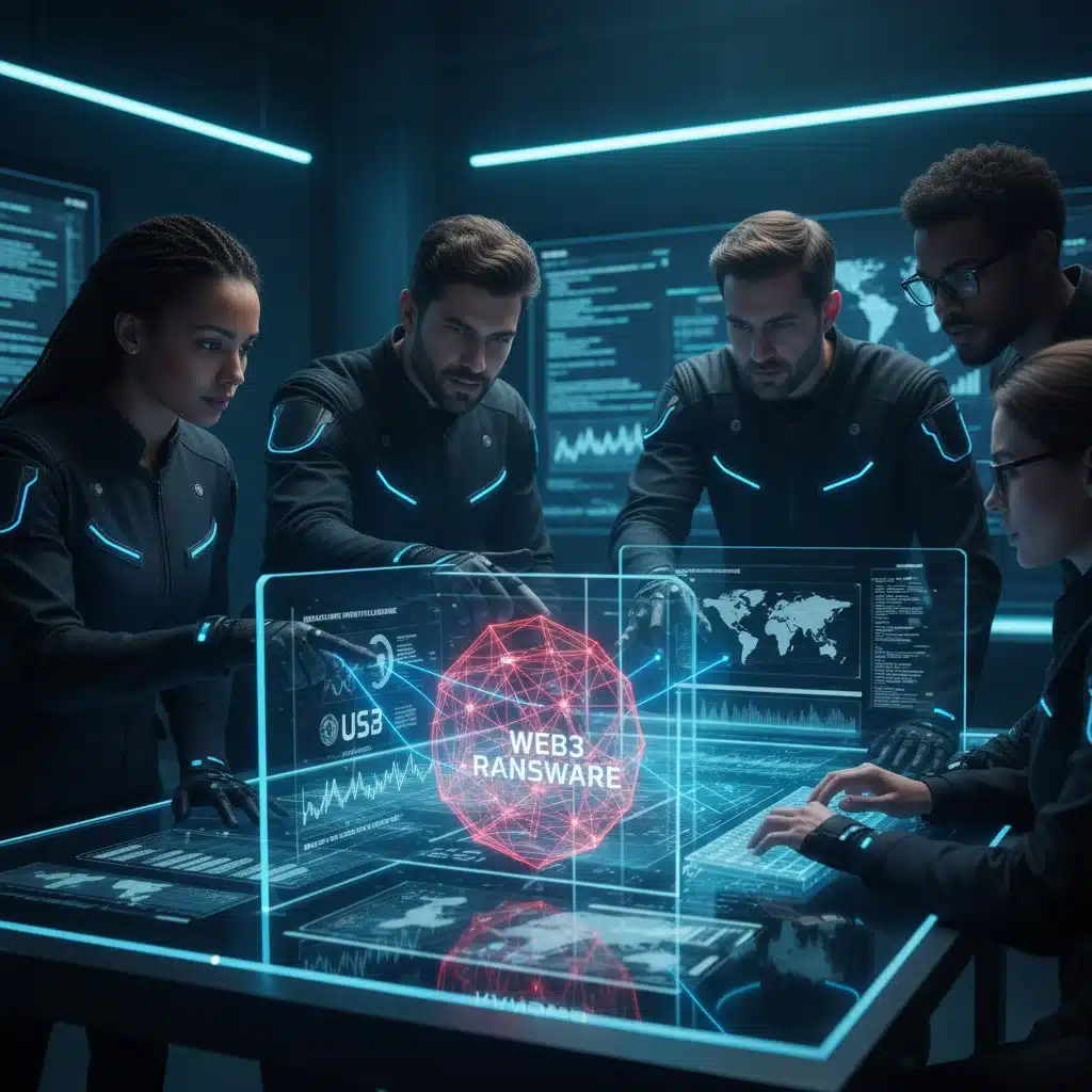 Cybersecurity team analyzing Web3 ransomware threats on a holographic display.