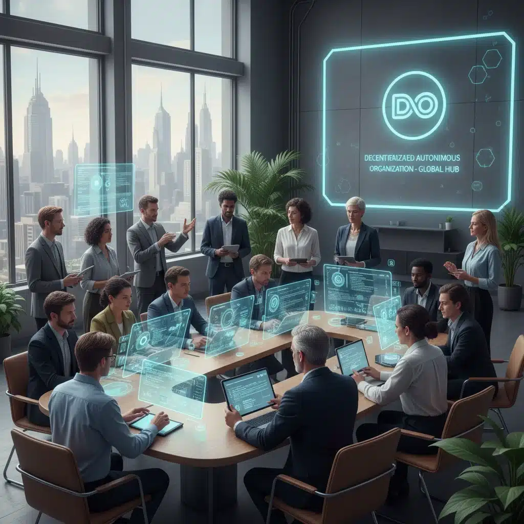 Diverse group collaborating digitally, symbolizing active community engagement and participation within a decentralized autonomous organization.