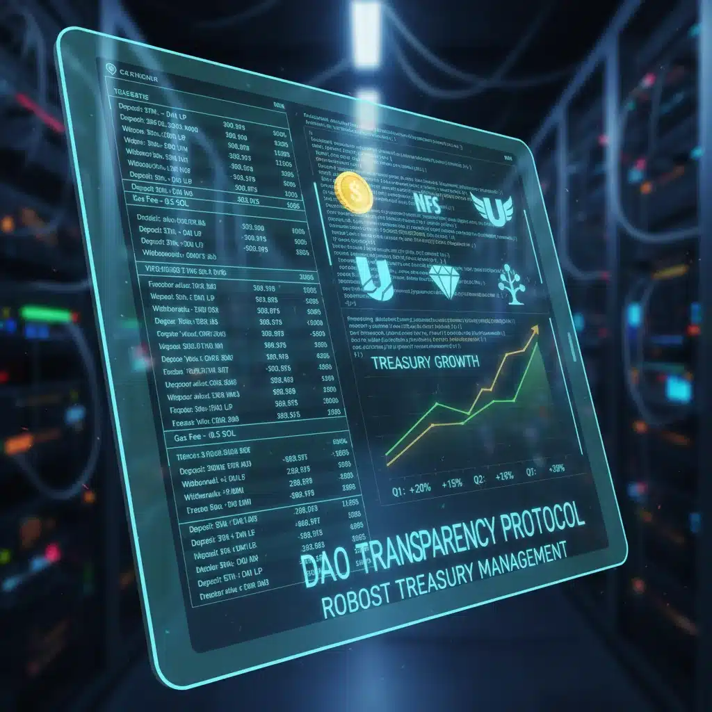 Digital interface showing a transparent DAO treasury ledger with financial data, smart contracts, and investment diversification.