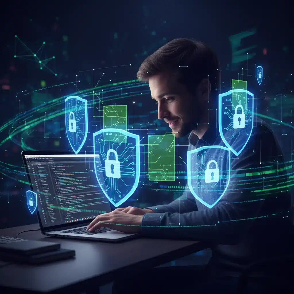 Developer coding smart contracts with security shields.