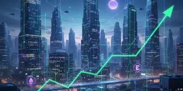 Futuristic digital city with altcoin logos and upward growth graph, symbolizing cryptocurrency market potential for Q3 2026.