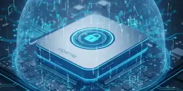 Futuristic hardware wallet with glowing security features on a digital circuit board.