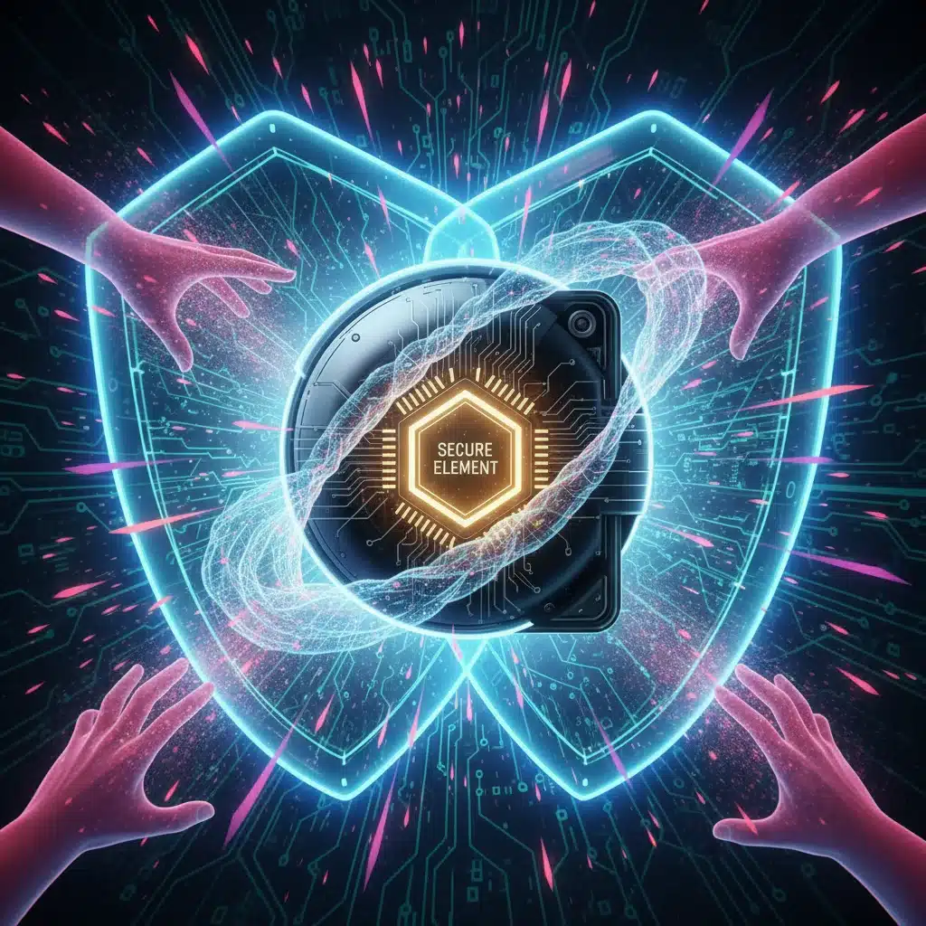 Abstract representation of secure element and data encryption in hardware wallets.
