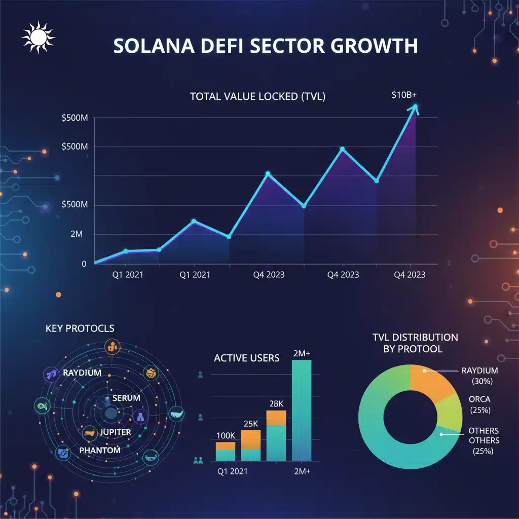 Infographic detailing Solana DeFi growth metrics, TVL, user adoption, and major protocols.