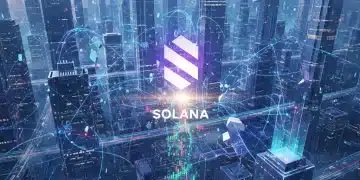 Futuristic Solana blockchain network with glowing data streams and financial market symbols representing investment opportunities in 2026.