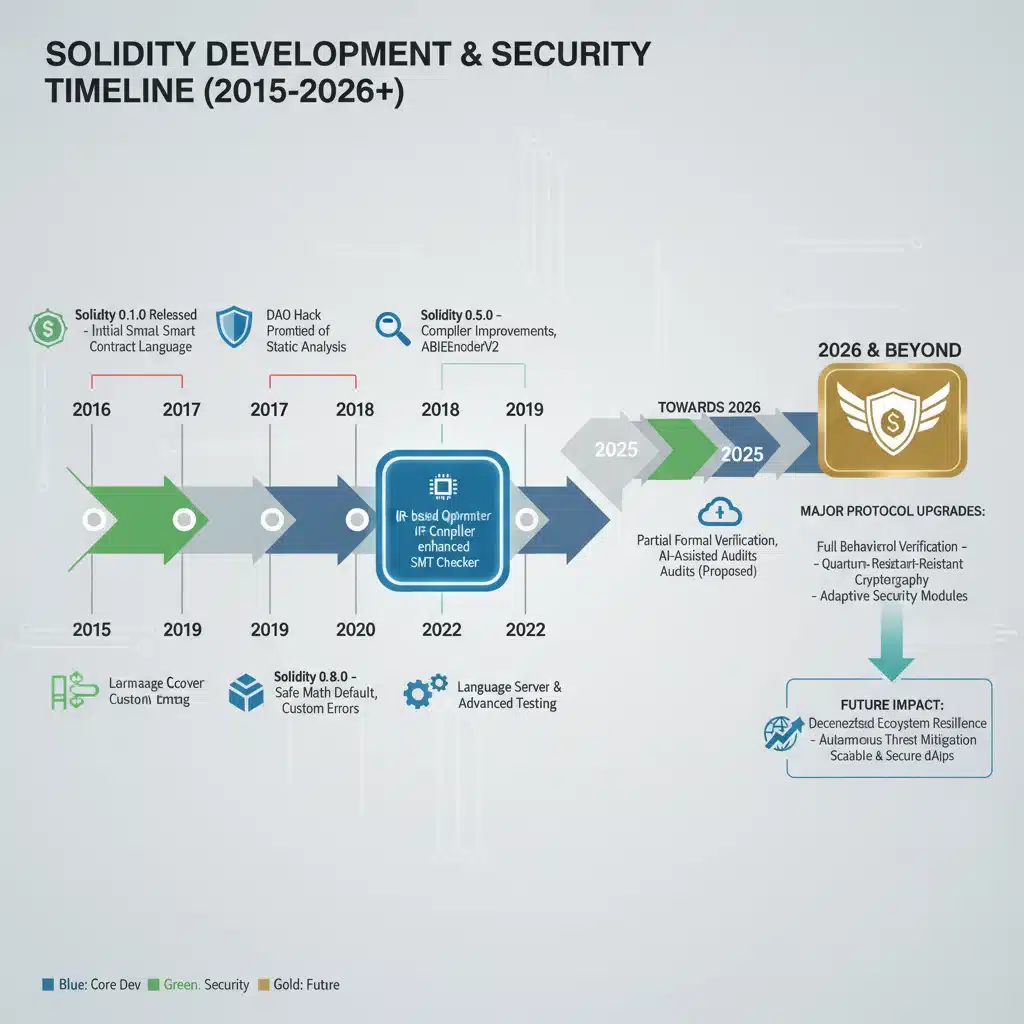 Timeline of Solidity development and security enhancements.