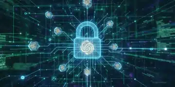 Futuristic digital landscape with code and secure blockchain nodes.