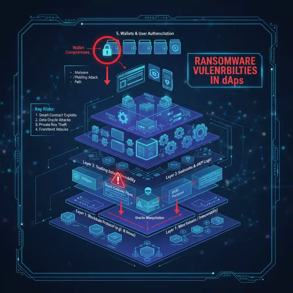 Infographic detailing Web3 dApp architecture vulnerabilities to ransomware attacks.