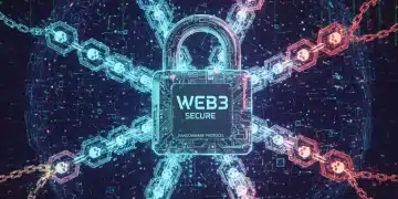 Futuristic digital padlock with blockchain links, symbolizing Web3 ransomware defense for US businesses.