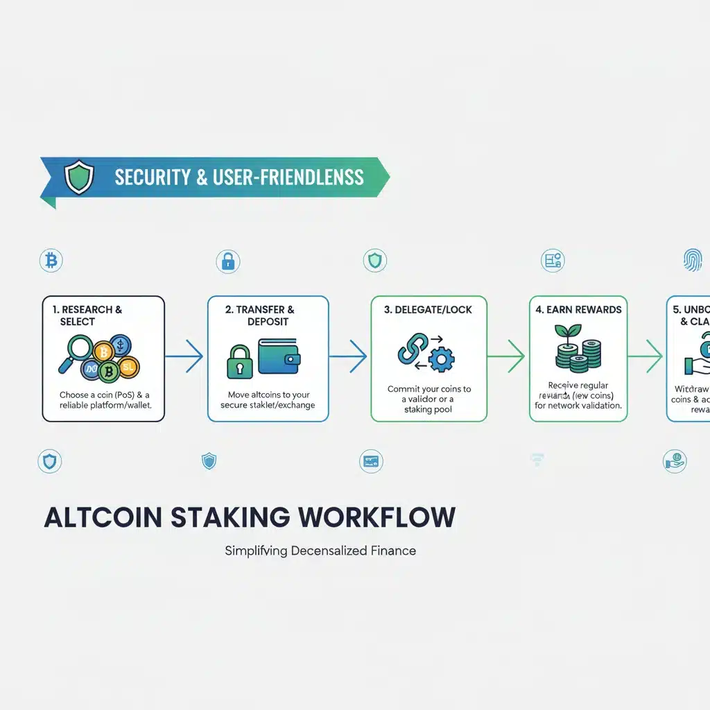 Infographic illustrating the step-by-step process of altcoin staking