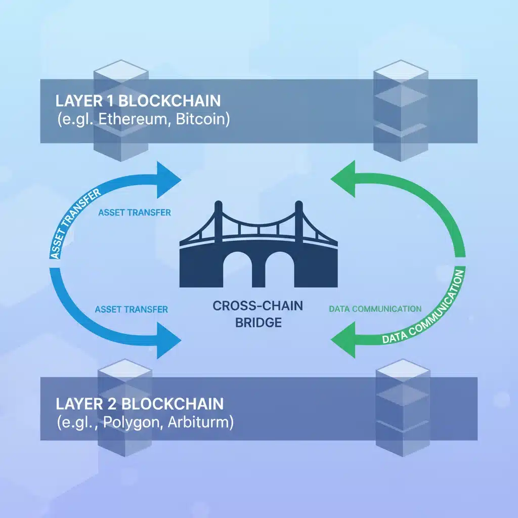 Diagram of cross-chain bridge facilitating communication between blockchain layers