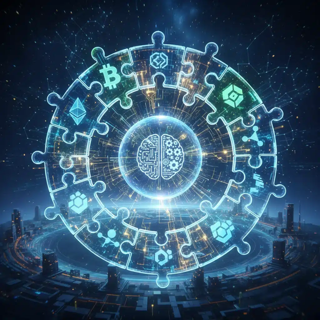 Puzzle pieces fitting together representing blockchain integration