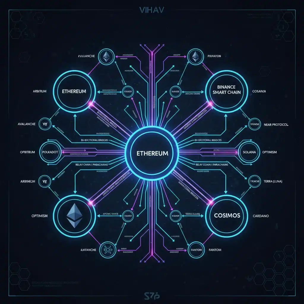 Complex network diagram showing various cross-chain communication protocols and data flow between different blockchain ecosystems.
