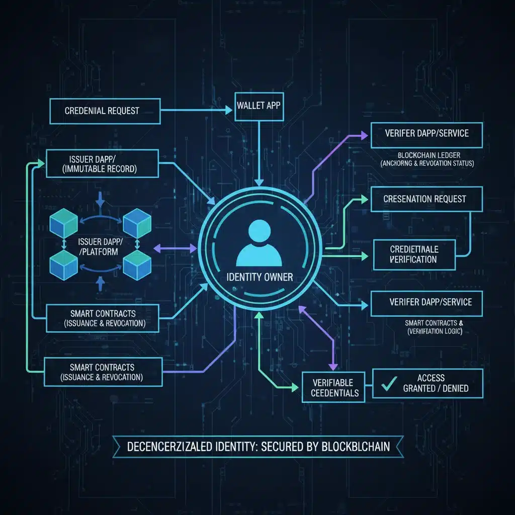 Diagram illustrating the secure flow of a decentralized identity transaction using blockchain, from issuance to verification.