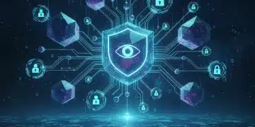 Futuristic digital identity network with blockchain nodes and user profiles, symbolizing decentralized identity and privacy in 2026.
