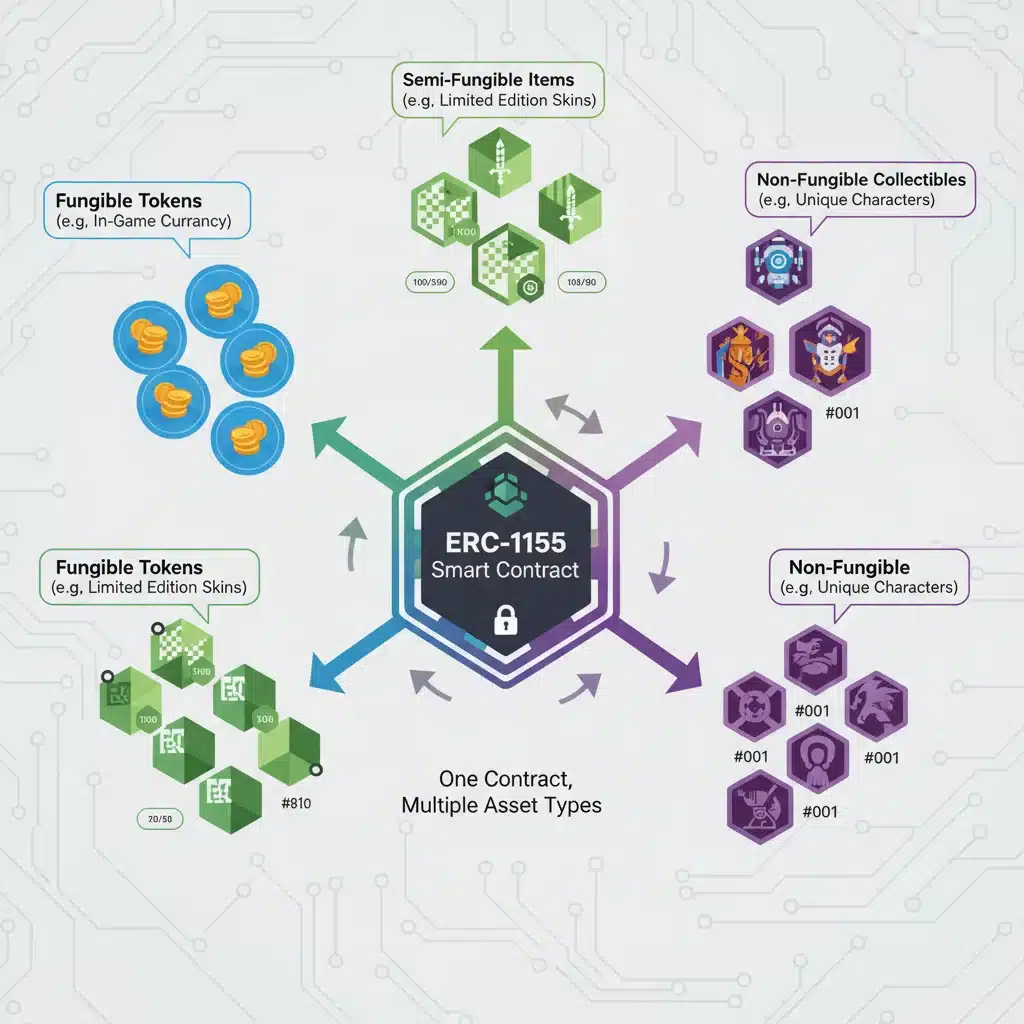 Infographic demonstrating ERC-1155's ability to manage multiple token types within a single smart contract.
