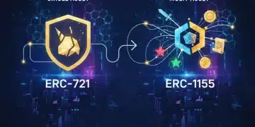 ERC-721 vs. ERC-1155 smart contract standards comparison graphic for 2026 blockchain use cases.