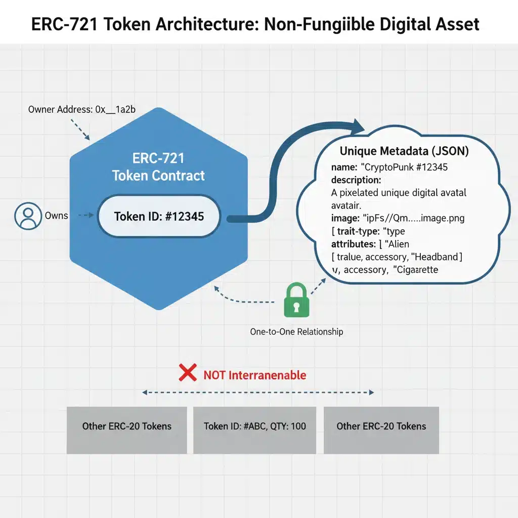 Architectural diagram of an ERC-721 non-fungible token showcasing its unique identity and metadata.