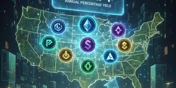 Futuristic digital altcoin staking network with 15% APY display over U.S. map