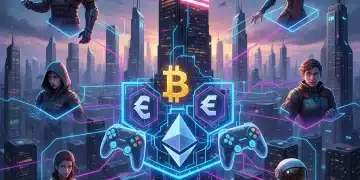 Futuristic gaming altcoins landscape with blockchain network and US market growth.