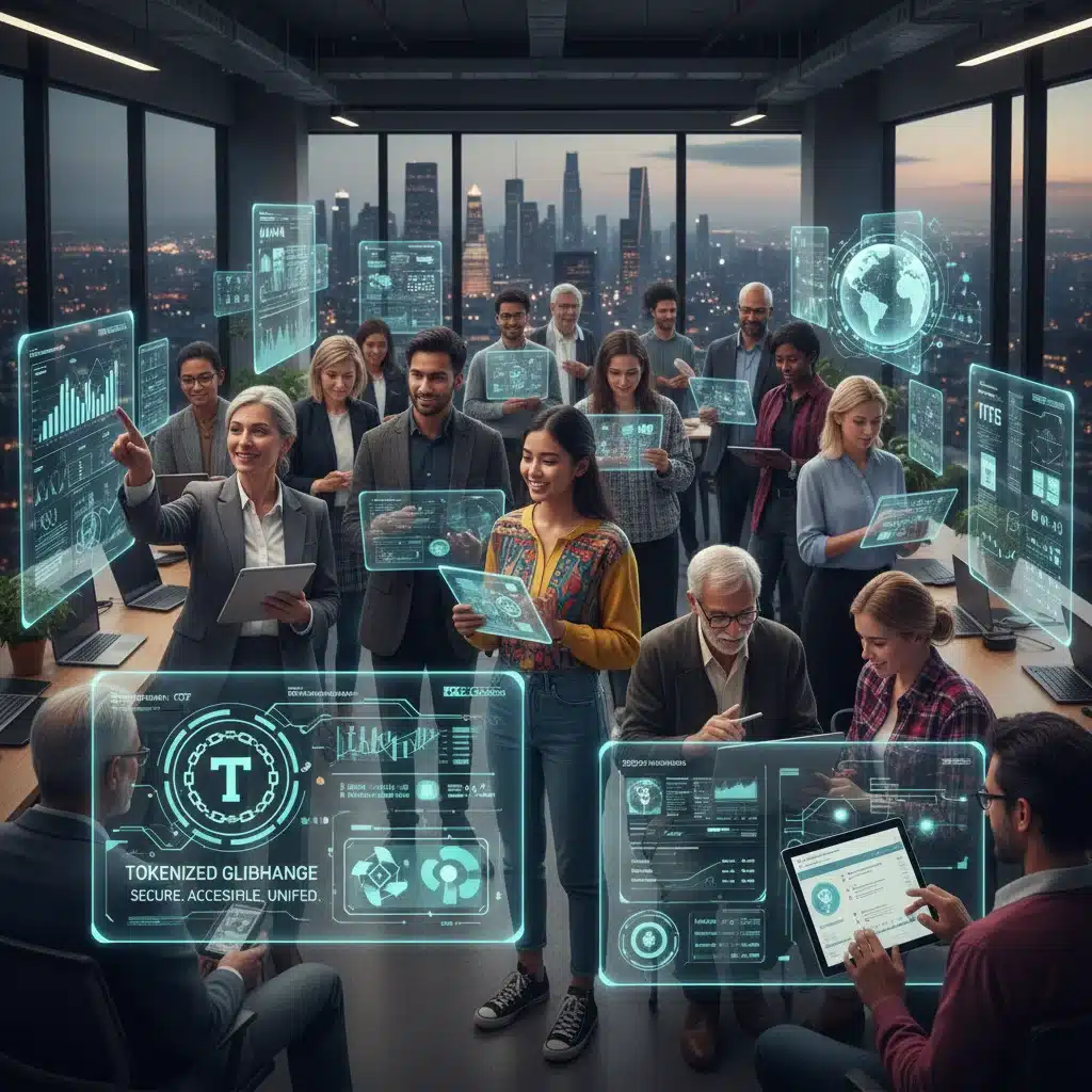 Investors accessing and trading tokenized real-world assets on a secure digital platform.