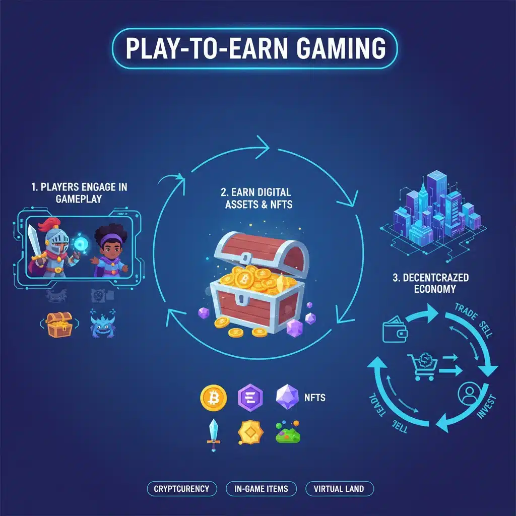 Infographic explaining play-to-earn mechanics in blockchain gaming.