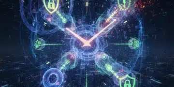 Futuristic quantum computing threatening cryptographic security.