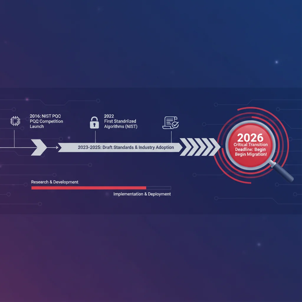 Timeline of quantum-resistant cryptography development and 2026 milestones.