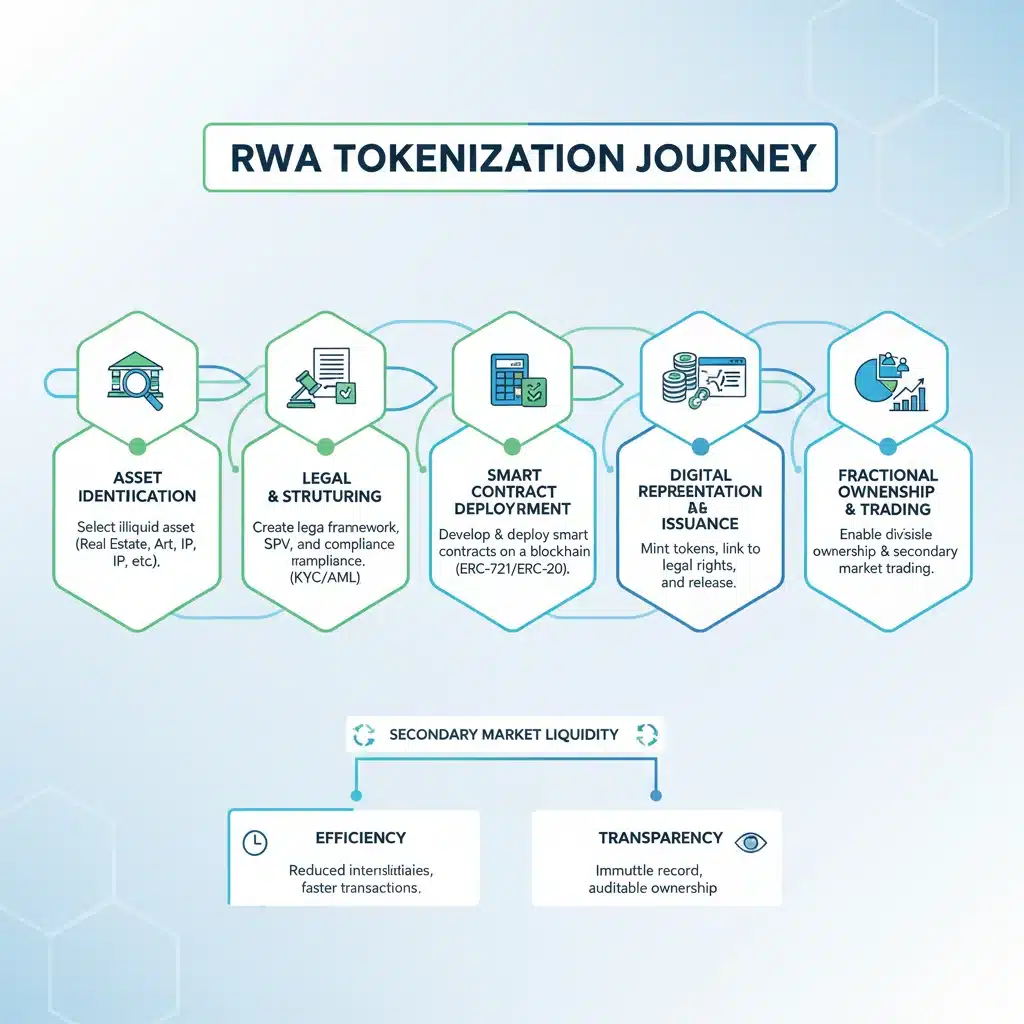 Infographic showing the step-by-step process of real-world asset tokenization on a blockchain.