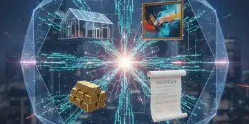Digital representation of real-world assets being tokenized on a blockchain network, symbolizing the future of finance.