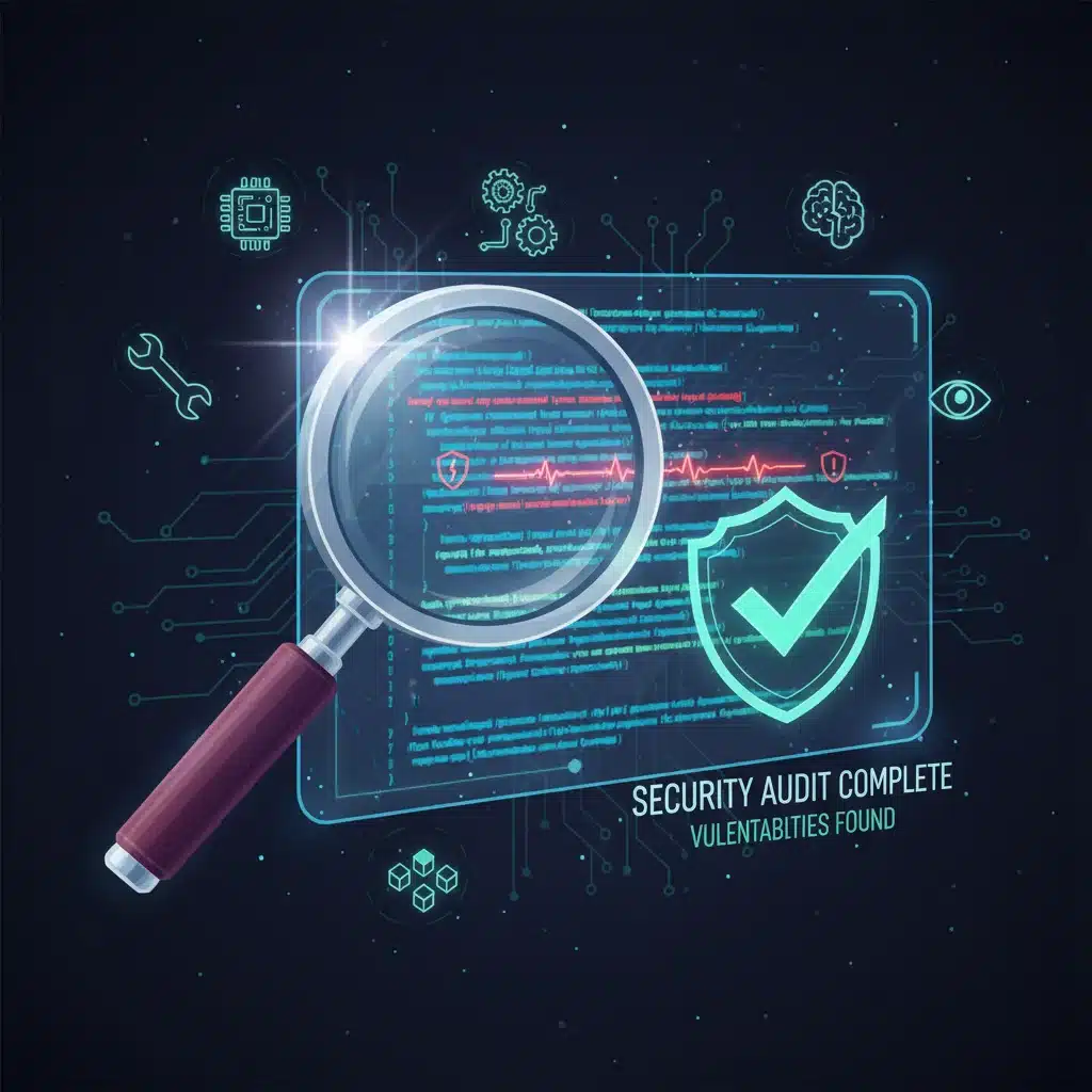 Smart contract auditing process with magnifying glass and code analysis