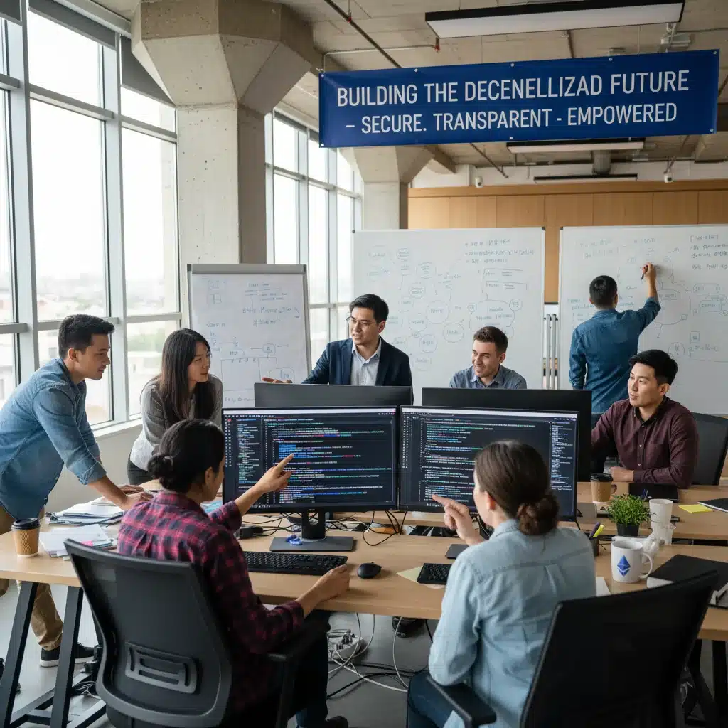 US blockchain developers collaborating on secure decentralized applications using Zero-Knowledge Proofs in a modern office.