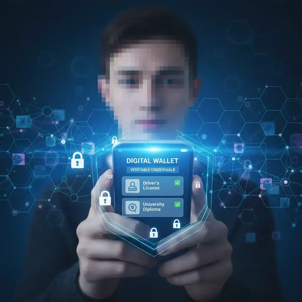 User interacting with a digital wallet showing verifiable credentials on a secure blockchain, highlighting privacy and data control.