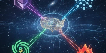 Futuristic bridge connecting Ethereum, Solana, Polkadot, Avalanche blockchains to US map, symbolizing Web3 interoperability.