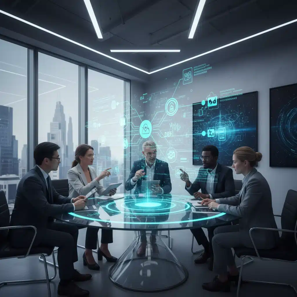 Professionals collaborating around a holographic interface showing Web3 applications and blockchain data, symbolizing collaborative development of interoperable solutions.