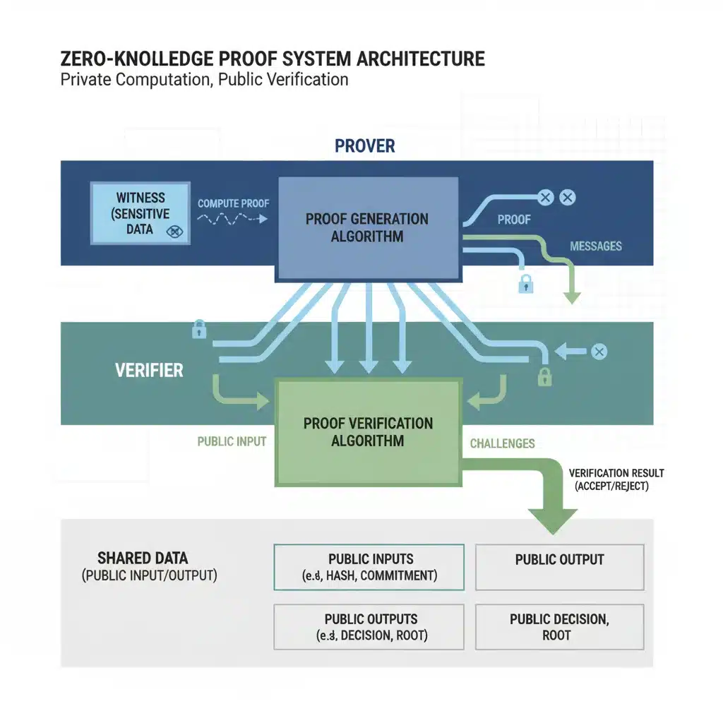 Infographic illustrating the architectural components and data flow of a Zero-Knowledge Proof system.